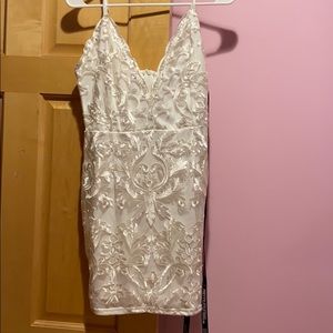 dusty pink embroidered lace detail plunge bodycon dress